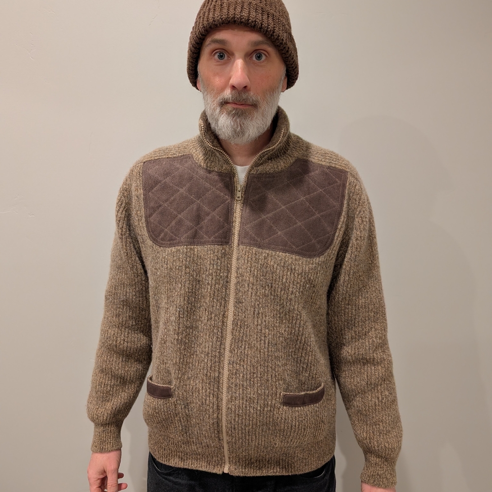 Men's Brown Knit Sweater with Quilted Accents